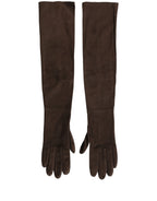 Brown Genuine Leather Suede Elbow Length Gloves