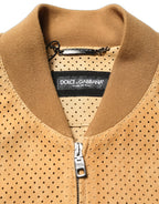 Beige Leather Perforated Full Zip Men Jacket