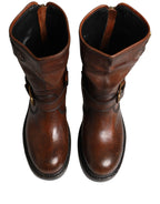 Brown Leather Mid Calf Biker Boots Shoes