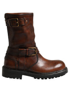 Brown Leather Mid Calf Biker Boots Shoes