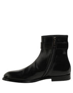 Black Leather Buckle Mid Calf Boots Men Shoes