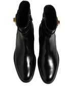 Black Leather Buckle Mid Calf Boots Shoes