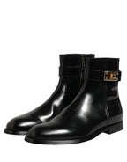 Black Leather Buckle Mid Calf Boots Shoes