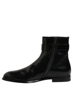 Black Leather Buckle Mid Calf Boots Shoes