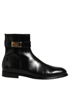 Black Leather Buckle Mid Calf Boots Shoes