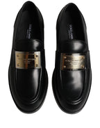 Black Leather Logo Plaque Loafers Shoes
