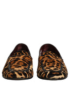 Brown Leopard Calf Hair Flats Loafers Shoes
