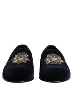 Blue Velvet Embellished Slip On Loafers Shoes