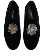 Blue Velvet Embellished Slip On Loafers Shoes
