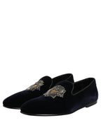 Blue Velvet Embellished Slip On Loafers Shoes