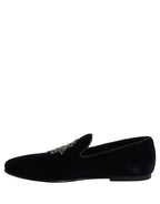 Blue Velvet Embellished Slip On Loafers Shoes