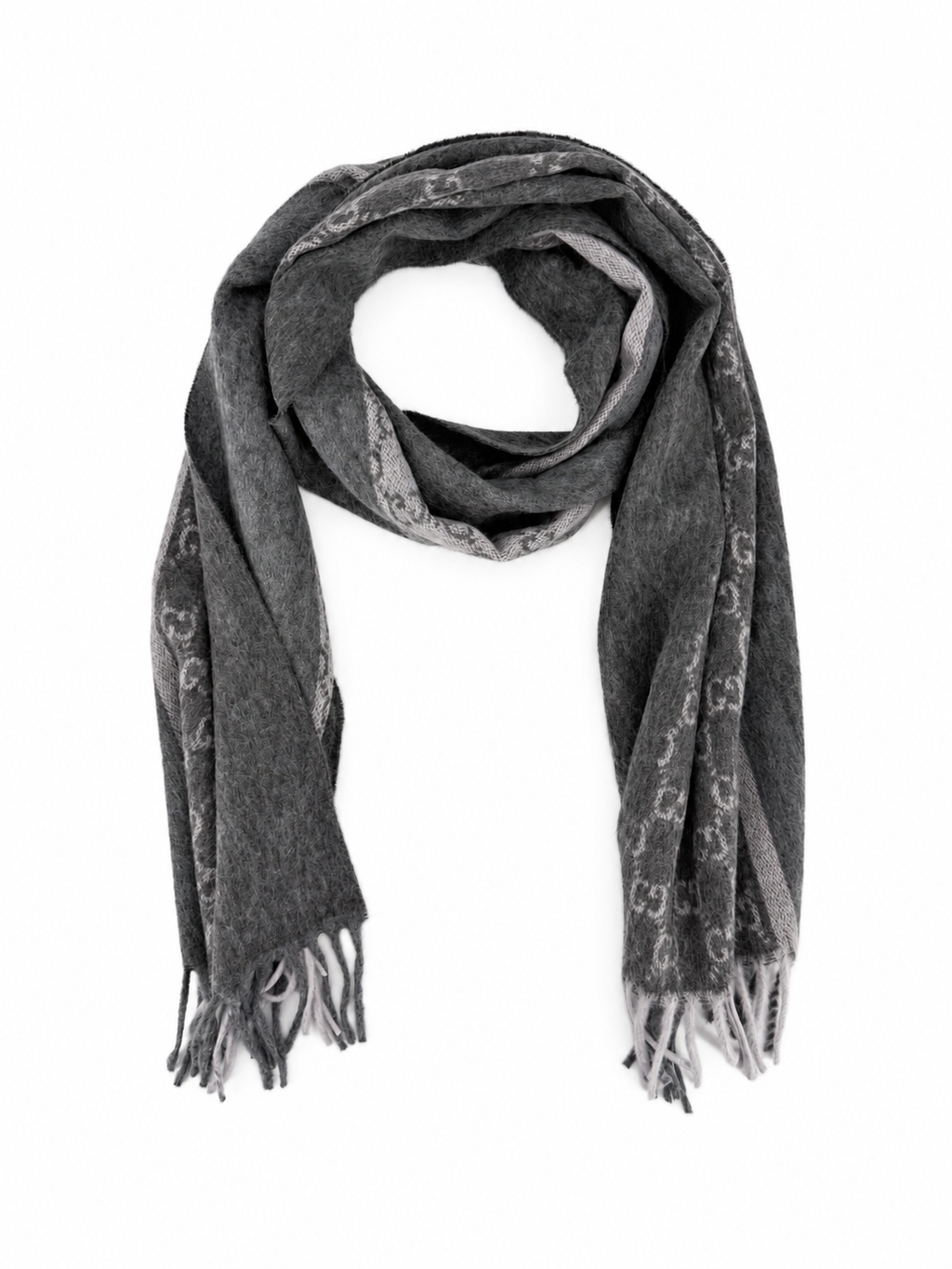 Monogram Charcoal Grey Cashmere & Wool Scarf with Fringe