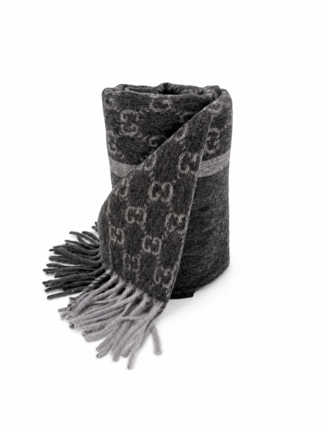 Monogram Charcoal Grey Cashmere & Wool Scarf with Fringe