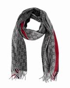 Monogram Grey Cashmere & Wool Scarf with Red & Black Stripe