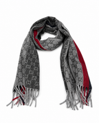 Monogram Grey Cashmere & Wool Scarf with Red & Black Stripe