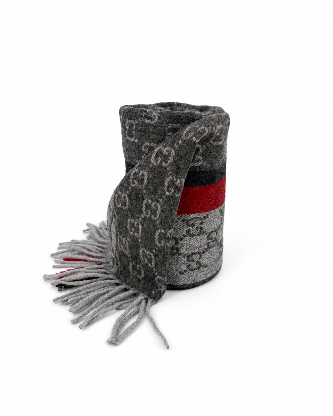 Monogram Grey Cashmere & Wool Scarf with Red & Black Stripe