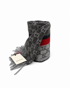 Monogram Grey Cashmere & Wool Scarf with Red & Black Stripe