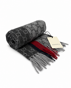 Monogram Grey Cashmere & Wool Scarf with Red & Black Stripe