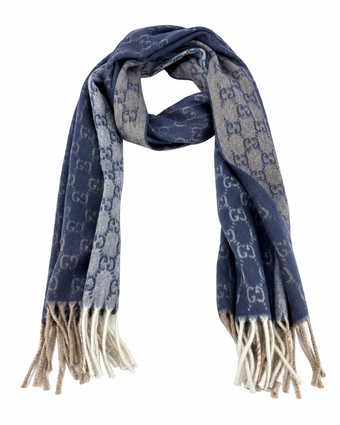 Monogram Blue Cashmere & Wool Scarf with Beige & Cream Fringe