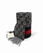 Monogram Charcoal Grey Cashmere & Wool Scarf with Red & Navy Stripe