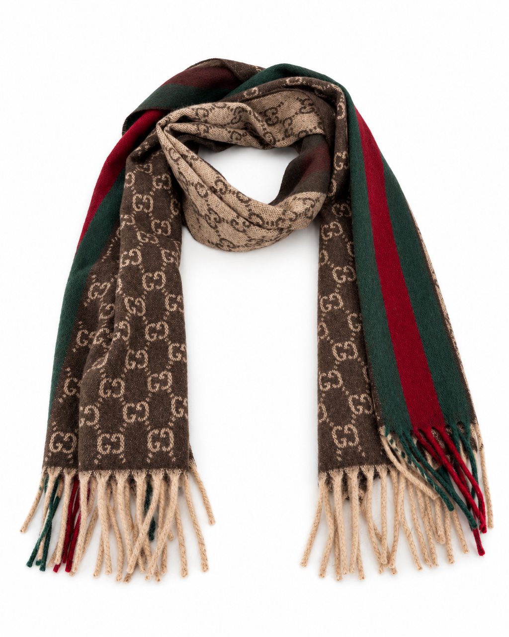 Monogram Brown Cashmere & Wool Scarf with Green & Red Web Stripe