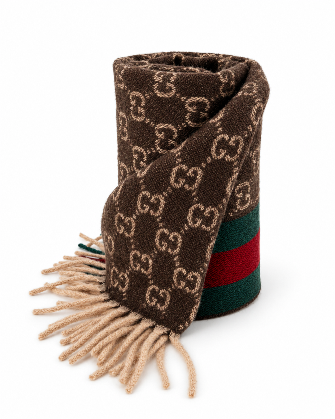 Monogram Brown Cashmere & Wool Scarf with Green & Red Web Stripe