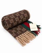 Monogram Brown Cashmere & Wool Scarf with Green & Red Web Stripe
