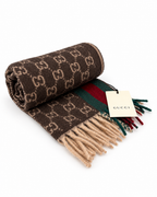 Monogram Brown Cashmere & Wool Scarf with Green & Red Web Stripe