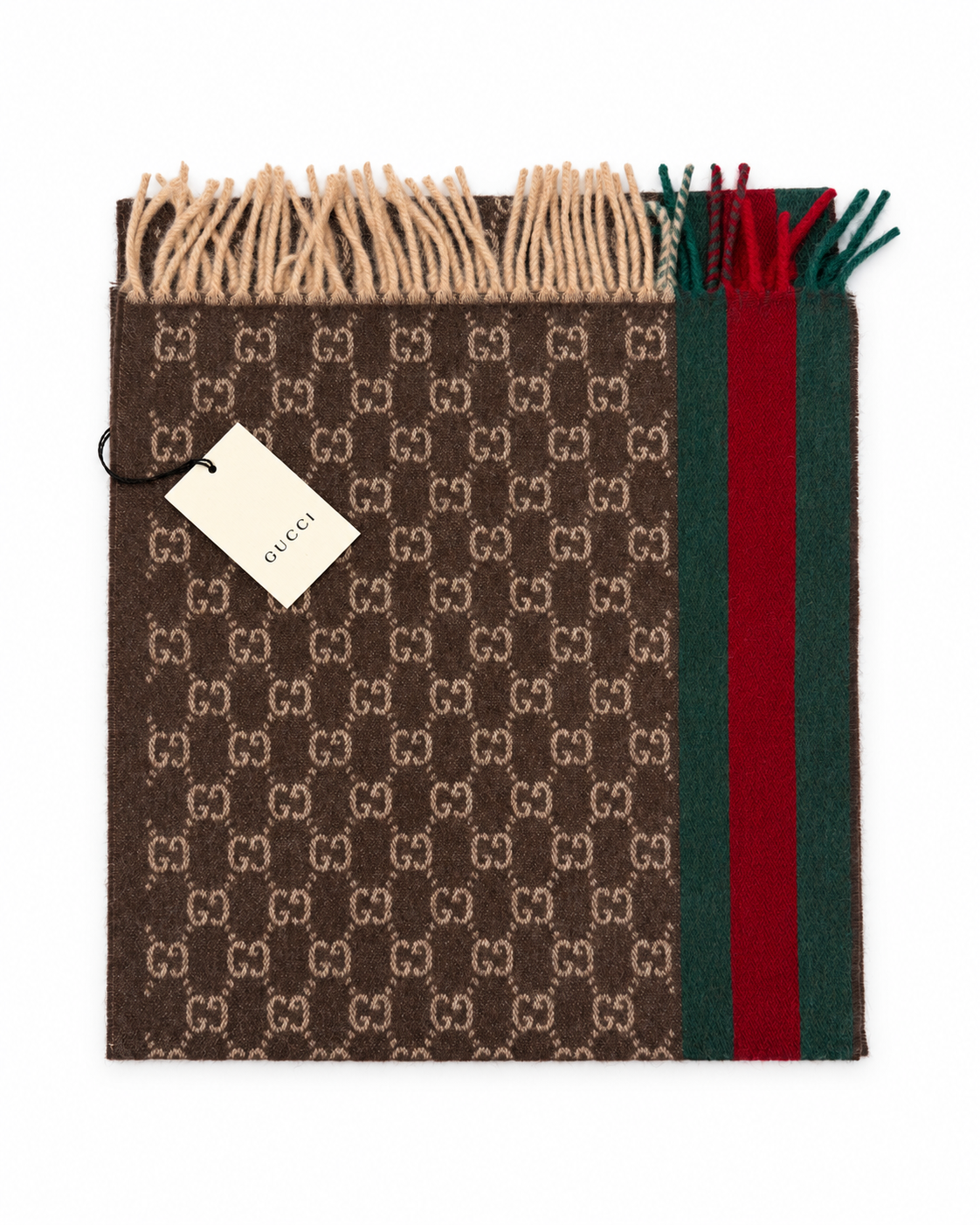 Monogram Brown Cashmere & Wool Scarf with Green & Red Web Stripe