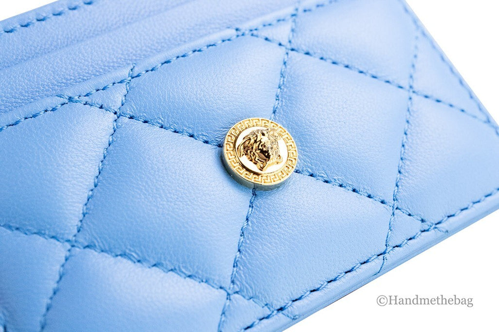 Versace Mini Medusa DV Blue Quilted Smooth Nappa Leather Card Case Wallet