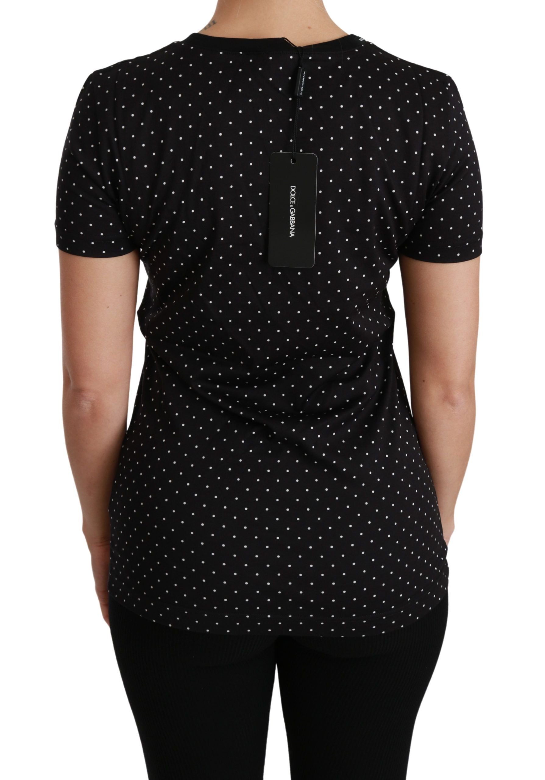 Black Dotted Crewneck Cotton Top T-shirt