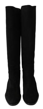 Black Suede Knee High Flat Boots Shoes