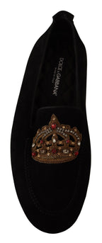 Black Leather Crystal Gold Crown Loafers Shoes