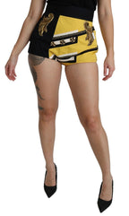 Yellow Black Cotton Jewelled Hot Pants Shorts
