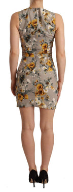 Gray Silk Stretch Floral Sheath Mini Dress