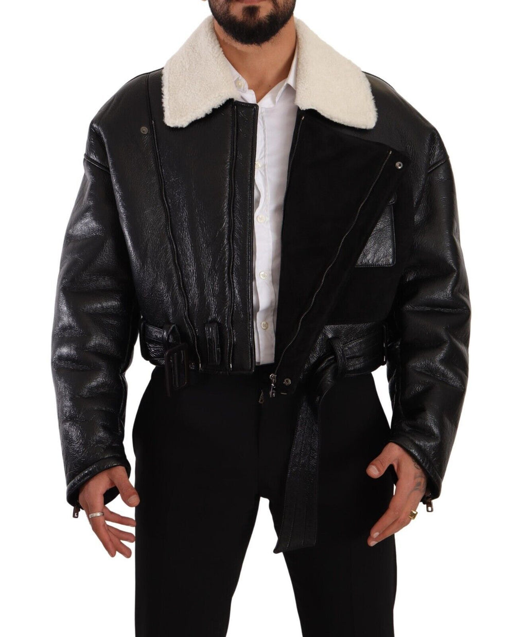 Black Leather Shearling Biker Coat Jacket