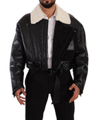 Black Leather Shearling Biker Coat Jacket