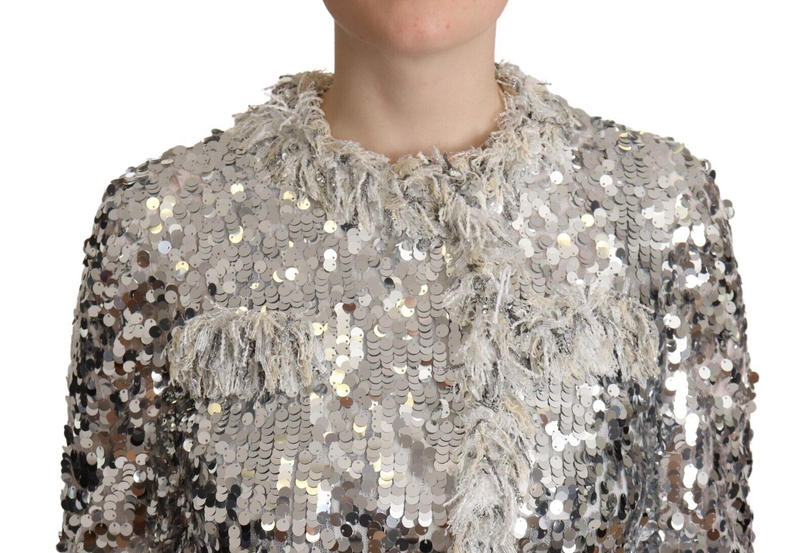 Silver Sequined Shearling Long Sleeves Jacket