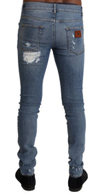 Light Blue Tattered Cotton Denim Skinny Jeans