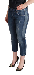 Blue Washed Mid Waist Denim Logo Cropped Jeans