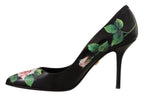 Black Leather Roses High Heels Pumps Shoes