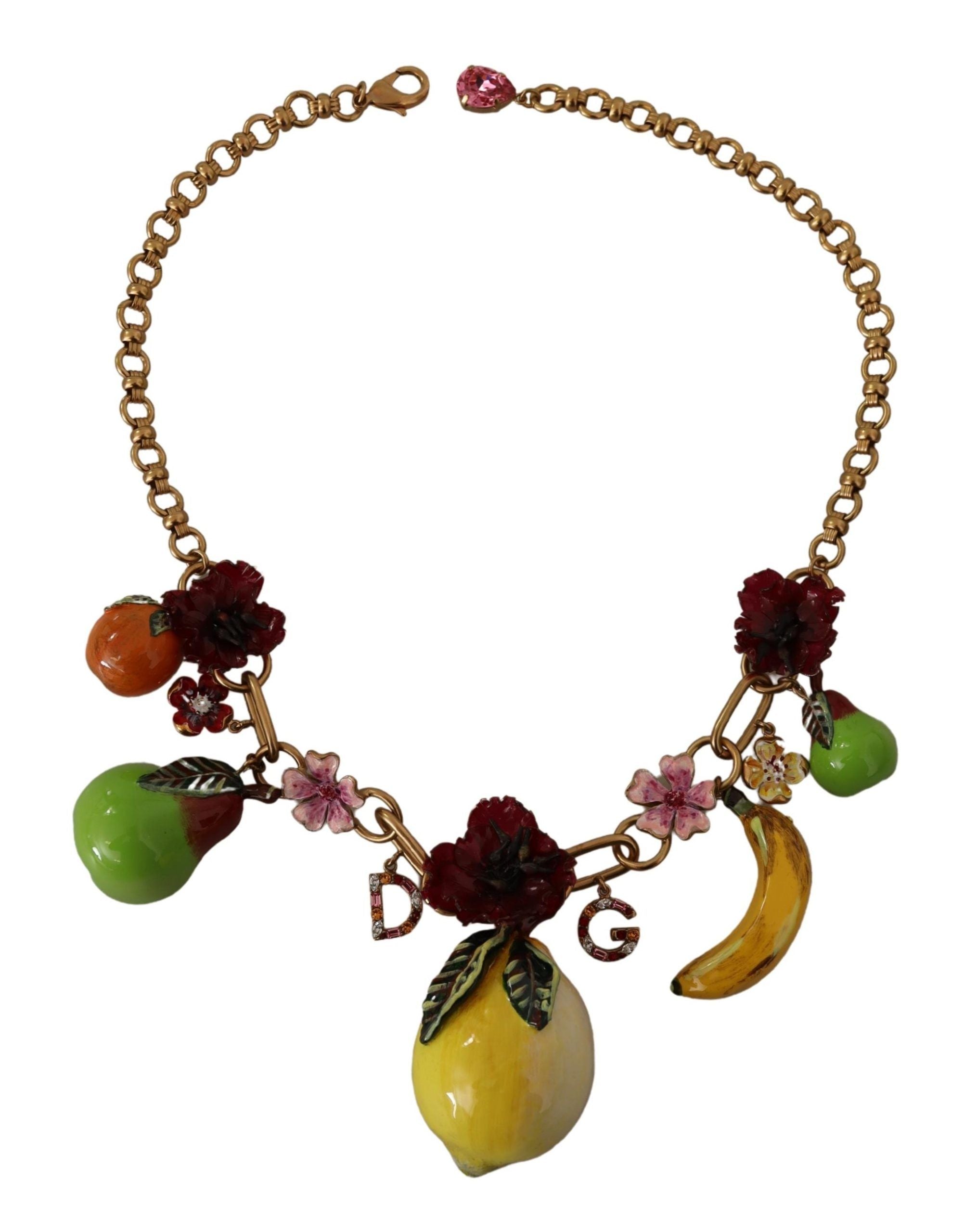 Gold Brass Sicily Fruits Roses Statement Necklace