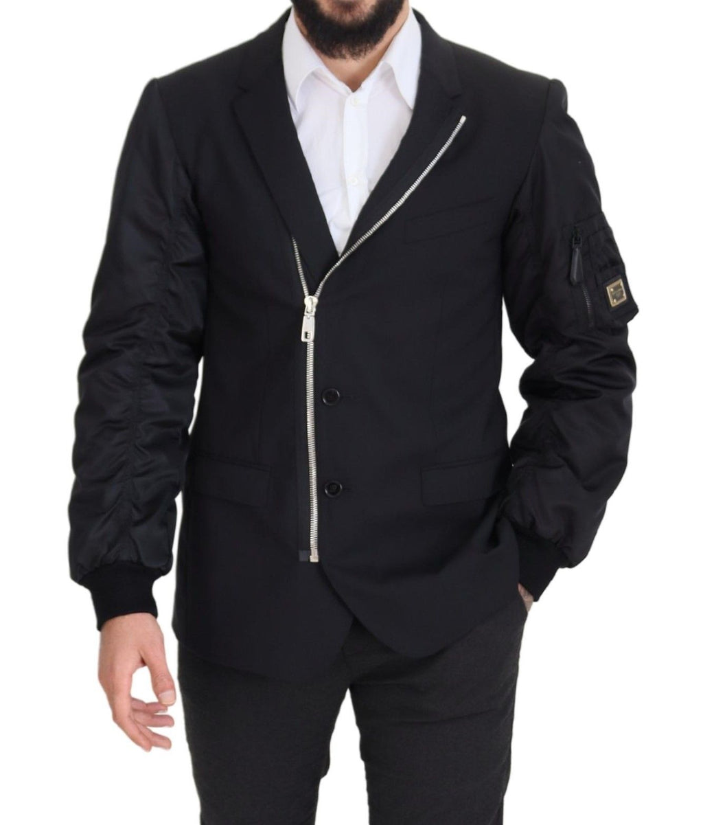 Black Wool Full Zip Long Sleeves Jacket