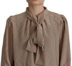 Brown Waistband Sleeves Ascot Collar Top Blouse
