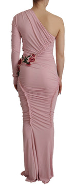 Pink Flower Embellished One Shoulder Dress