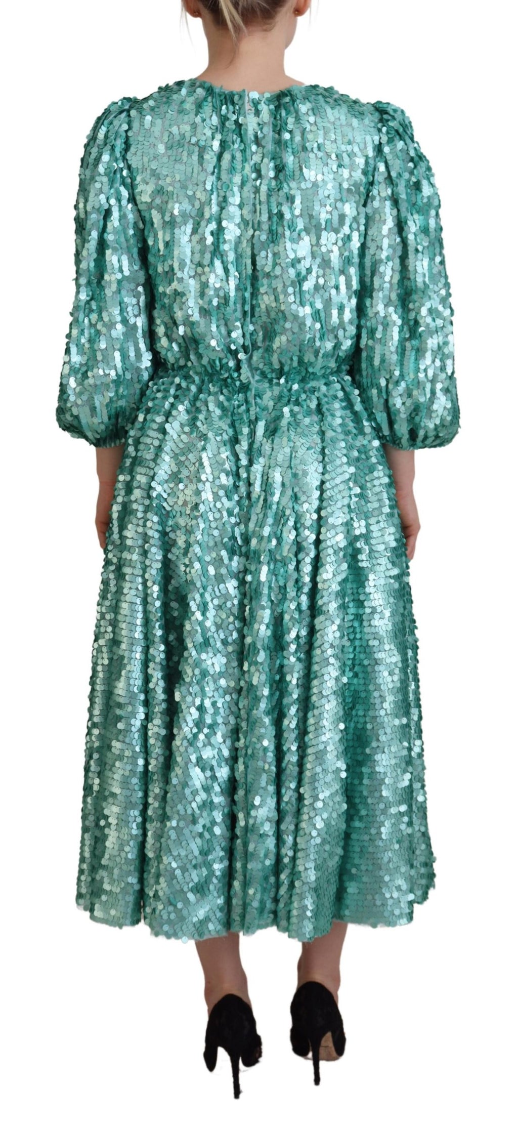 Blue Sequined Pleated Aline Midi Nylon Dress