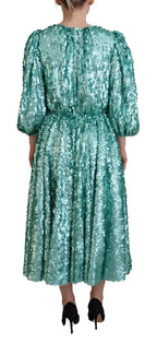 Blue Sequined Pleated Aline Midi Nylon Dress