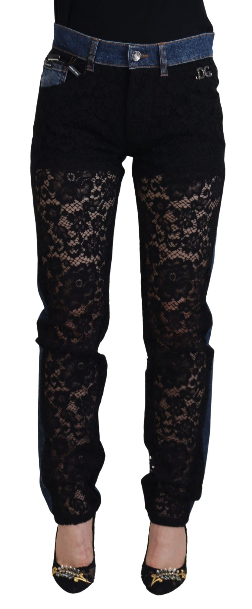 Black Floral Lace Front Skinny Denim Jeans