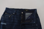 Blue Cotton Skinny Tattered Denim Jeans