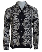 Blue Silk Floral Baroque Satin Casual Shirt